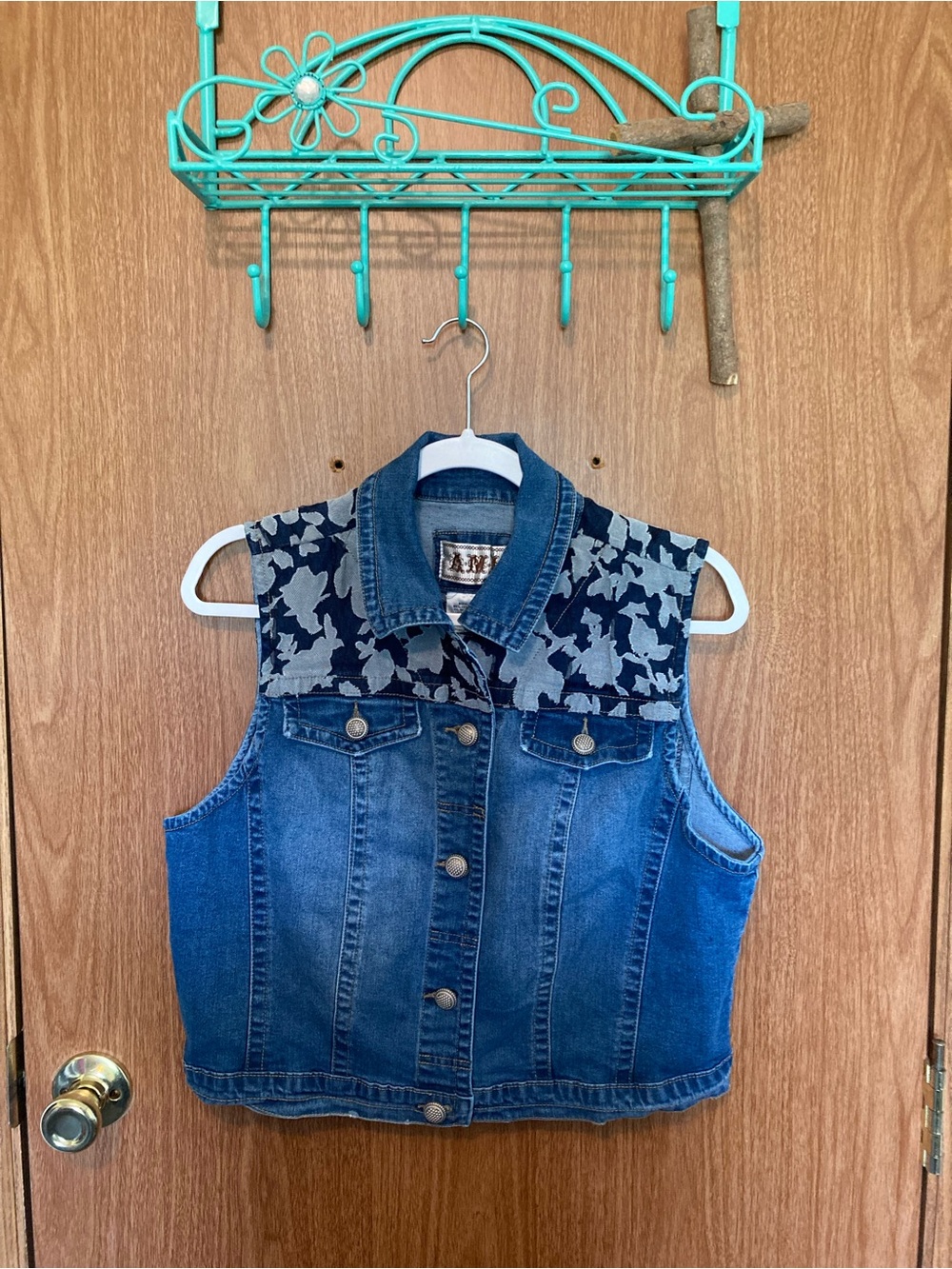 Ami Blue Denim Denim Vest with Floral Yoke